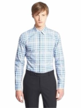 Burberry London Slim Fit Plaid Button Down Shirt Blue White Cotton Size L